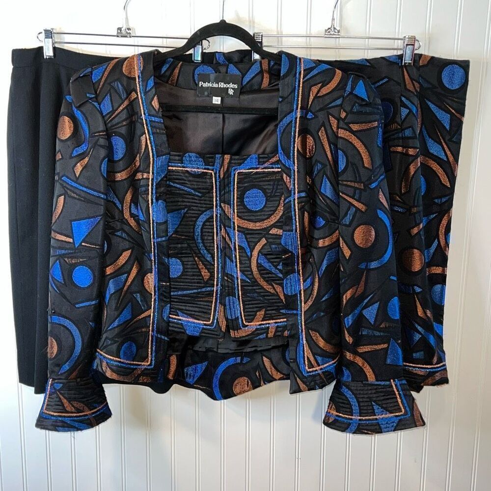 Patricia Rhodes 3 Piece Suit Size 14 Blue/Black Jacket Matching Skirt Black Wool